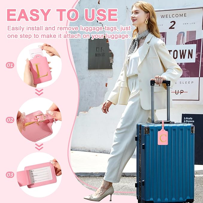 Personalized Initial Luggage Tags for Suitcase, Pink Leather Cute Luggage Tags with Privacy Cover Name Card, Embroidered Custom Monogrammed Luggage Tag Travel Bag Baggage Tags Gifts for Women Kids(C)