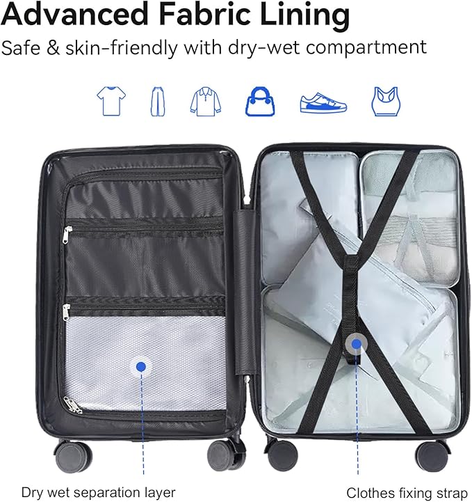 SOKOK Front Pocket Luggage with Spinner Wheels, 24'' Wide Handle Travel Suitcase PC Hardshell Multifunctional Luggage with Charging Port and Cup Holder, Graphite