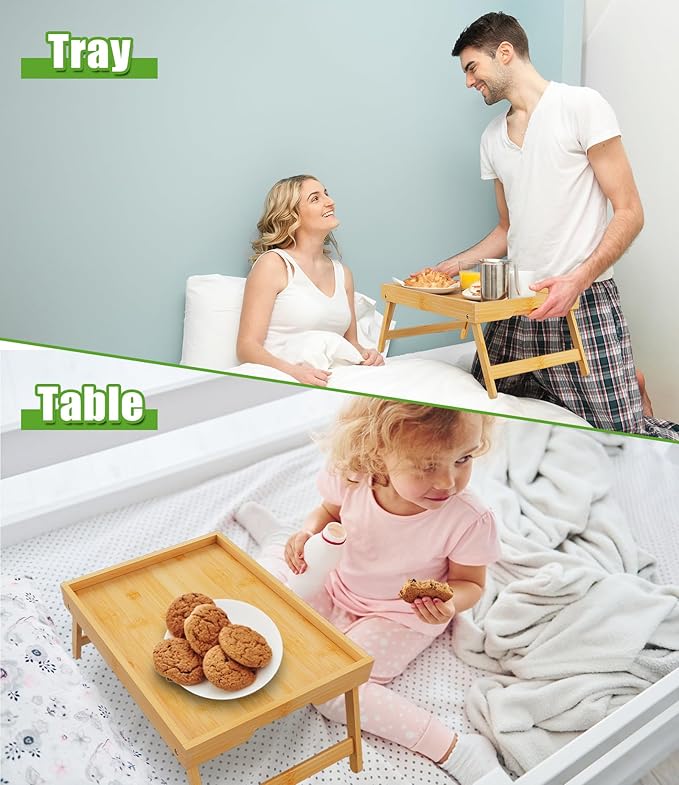 Bed Tray Table with Folding Legs,Bamboo Breakfast in Bed for Kitchen Serving Tray,Sofa,Eating,Used As Laptop Desk Snack Tray (Bamboo, Large)