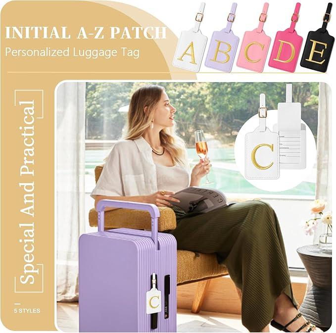 Personalized Initial Luggage Tags for Suitcase TSA Approved, White Leather Cute Luggage Tag with Privacy Cover Name Card, Embroidered Custom Luggage Tags Travel Baggage Tags Gifts for Women Kids(C)