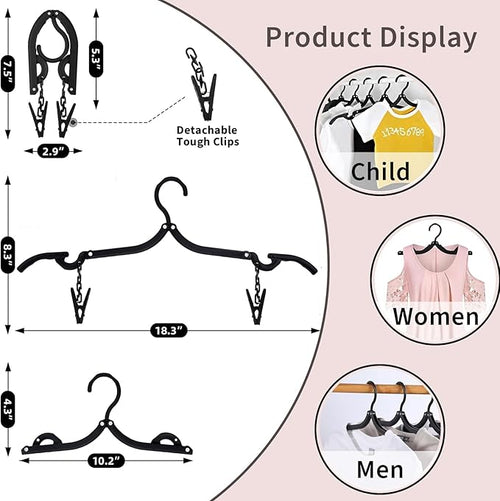 12pcs Black Travel Hangers with 24pcs Clips Foldable for Suitcase, Portable Folding Clothes Hangers, Cruise Ship Essentials Drying Rack for Portable Travel Accessories