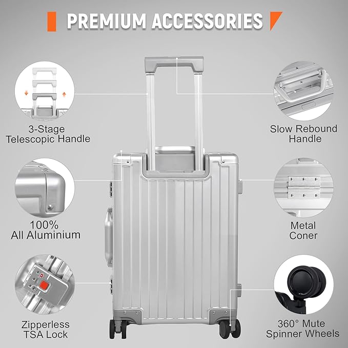UrbanExplorer All Aluminum Carry On Luggage 22x14x9 Airline Approved Heavy Duty Hard Shell Suitcases Zipperless Suitcase with TSA Lock, Sliver, 20 Inch
