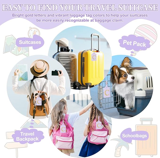 Personalized Initial Luggage Tags for Suitcase, Purple Leather Cute Luggage Tags with Privacy Cover Name Card, Embroidered Custom Monogrammed Luggage Tag Travel Backpack Tags Gifts for Women Kids(C)