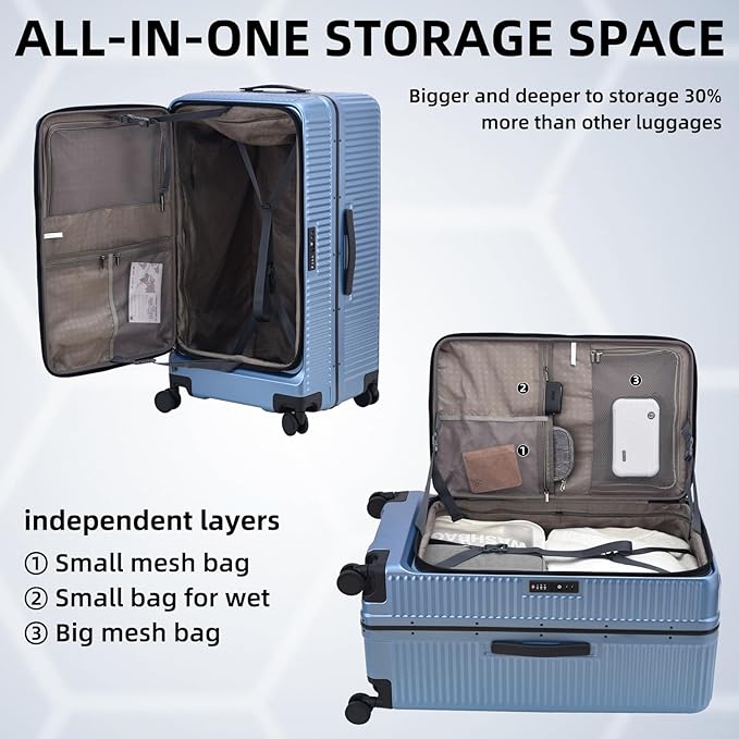 29 Inch Aluminum Checked Luggage with Side Opening Zipper, 40 * 37 * 77cm, 113L, Lightweight Hardshell ABS+PC Suitcase with TSA Lock, 360° Universal Wheels, Dark Blue