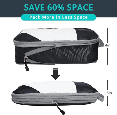 7 Set Compression Packing Cubes for Travel - Compressible, Lightweight, and Space-Saving Packing Cubes, Travel Essentials for Women, Black