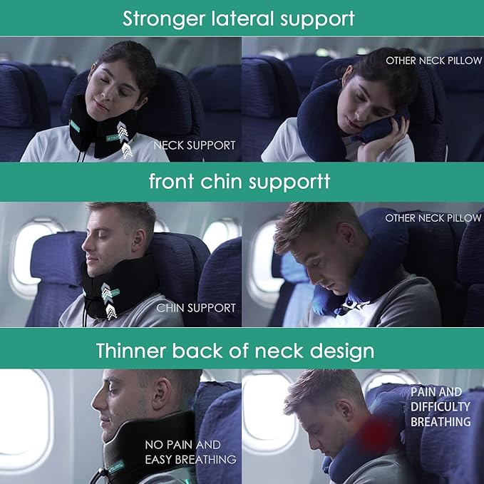 GOLDORANGE Large Travel Pillow Neck Chin Head Support Best Memory Foam Neck Pillows for Airplane Train Car Bus Home Office Sleeping Rest with Compact Carry Bag Black L