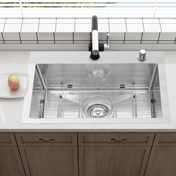 Drop In Kitchen Sink 20x16", 9" Basin Depth, 18 Gauge Stainless Steel Sink, 3D Embossed Surface Finish Top Mount with Accessories