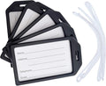 5 Pack - Premium Rigid Airline Luggage Tag Holders with 6" Worm Loops - Heavy Duty Hard Plastic -Suitcase ID Tag Identifiers with Business Card Insert Window by Specialist ID (Black)