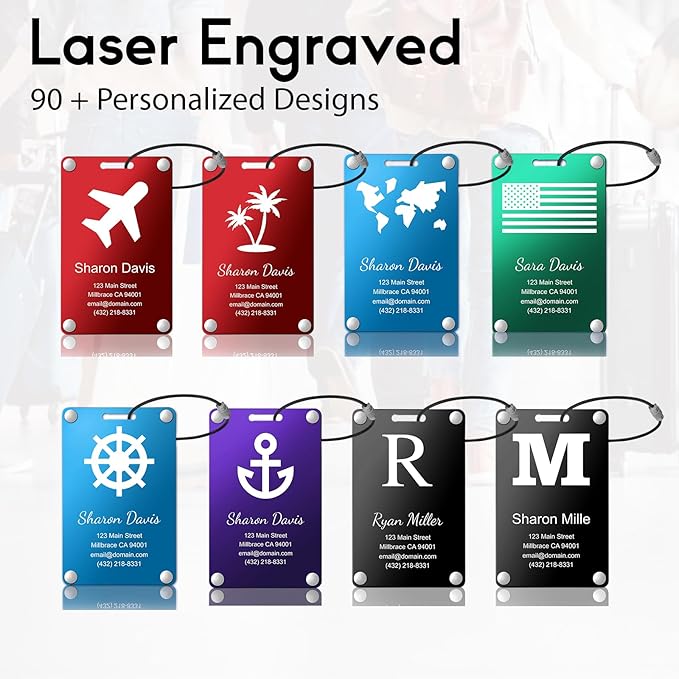 Personalized Luggage Tags: Custom Metal Luggage Tags for Suitcases, Backpacks and Bags with Your Personalized Text (Purple)