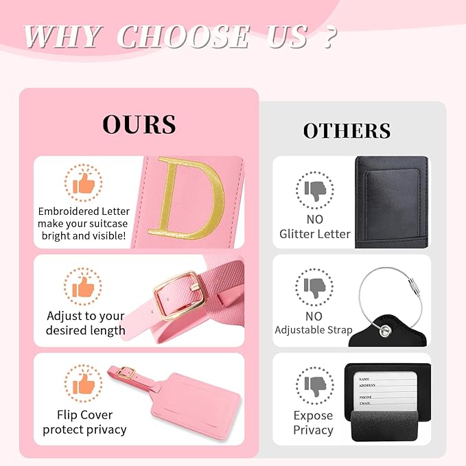 Personalized Initial Luggage Tags for Suitcase, Pink Leather Cute Luggage Tags with Privacy Cover Name Card, Embroidered Custom Monogrammed Luggage Tag Travel Bag Baggage Tags Gifts for Women Kids(D)