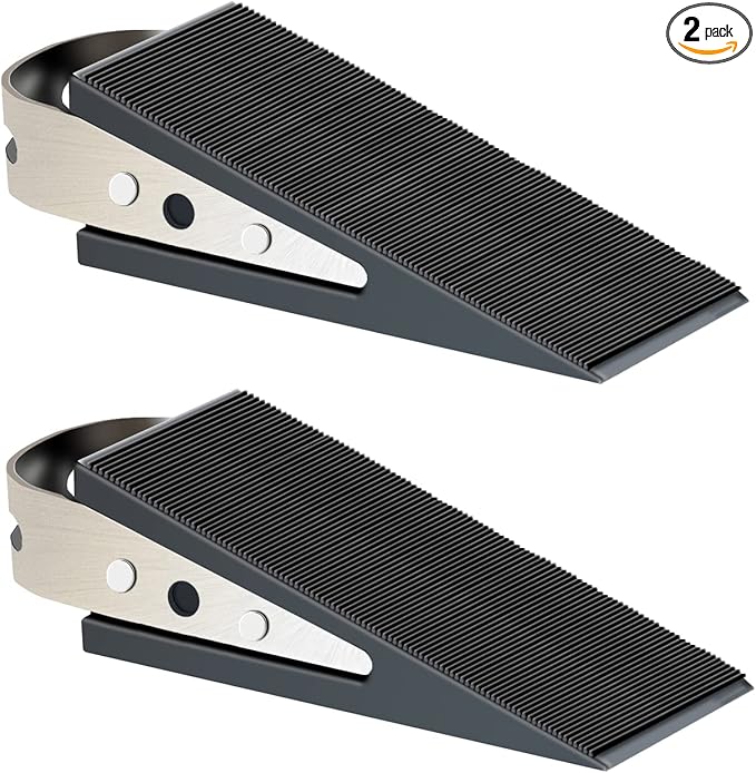 Shackcom Door Stopper, 2 Pack Black Heavy Duty Wedge That Holds Doors Firmly and Doesn’t Budge, Made of Rubber and Stainless Steel, Works on All Floor Surfaces, with Hanger which Easy to Storage