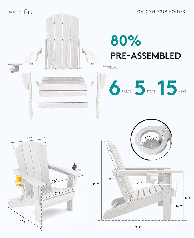 SERWALL Adirondack Chair with Cup Holders - Composite Adirondack Chairs Set of 2 HDPE Outdoor Chairs All Weather Use- White
