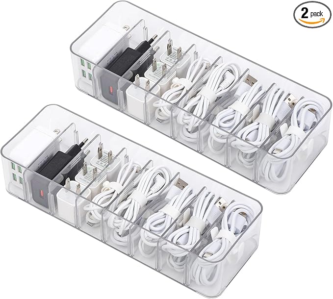 Yesesion 2 Pack Plastic Cable Management Box with Removable Dividers, Clear Cord Storage Organizer with 20 Wire Ties for Desk Drawer, Office Supplies, Electronic Accessories, Battery, Phone Charger