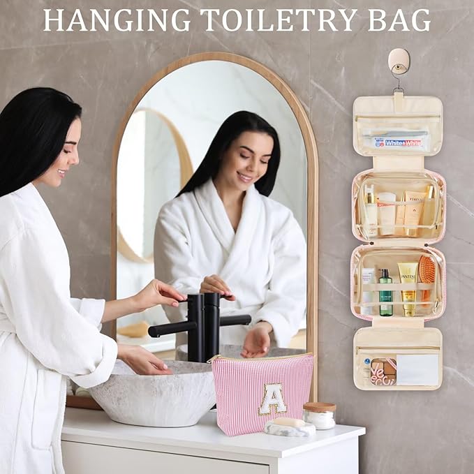YOOLIFE Hanging Toiletry Bag Makeup Bag for Women Girls, Initial Toiletry Bag Cosmetic Bag, Personalized Birthday Gifts for Women Teen Girls, Letter A, Pink