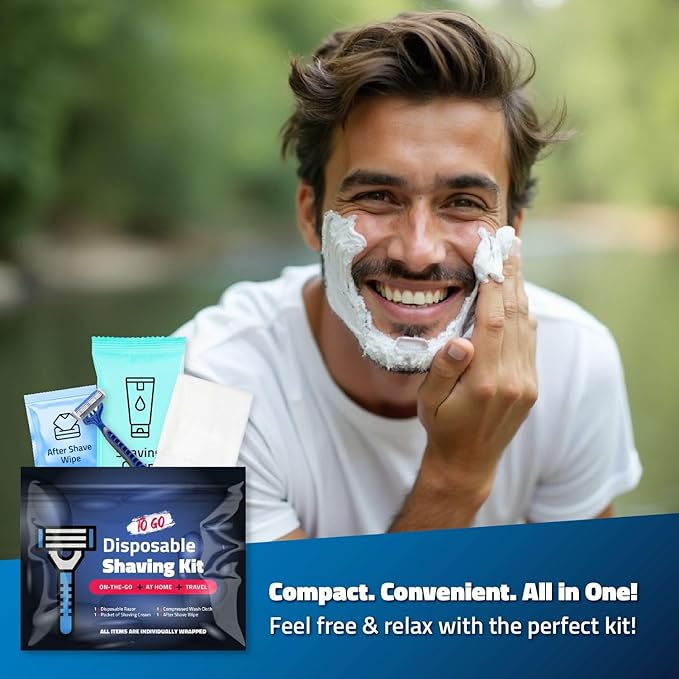 Shaving Kit with Razor, Shaving Cream, Washcloth & Aftershave Wipe – Men’s Travel Shave Set for Hotels, Shelters & Outreach – Disposable Grooming Pack (Blue) (3)