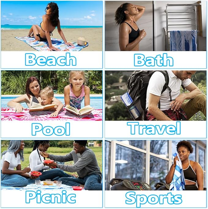 Lightweight Thin Microfiber Beach Towel Sand Free Quick Dry Absorbent Compact Soft Pool Swim Travel Towels Extra Large Oversized Beach Accessories Gifts for Adult