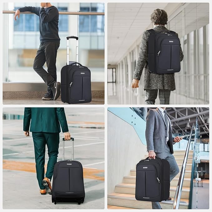 Rolling Backpack for Adults,17 Inch Waterproof Underseat Carry On Luggage, Wheeled Carry-on Luggage, Travel Backpack for Men Women， Trolley Laptop， Black Medium