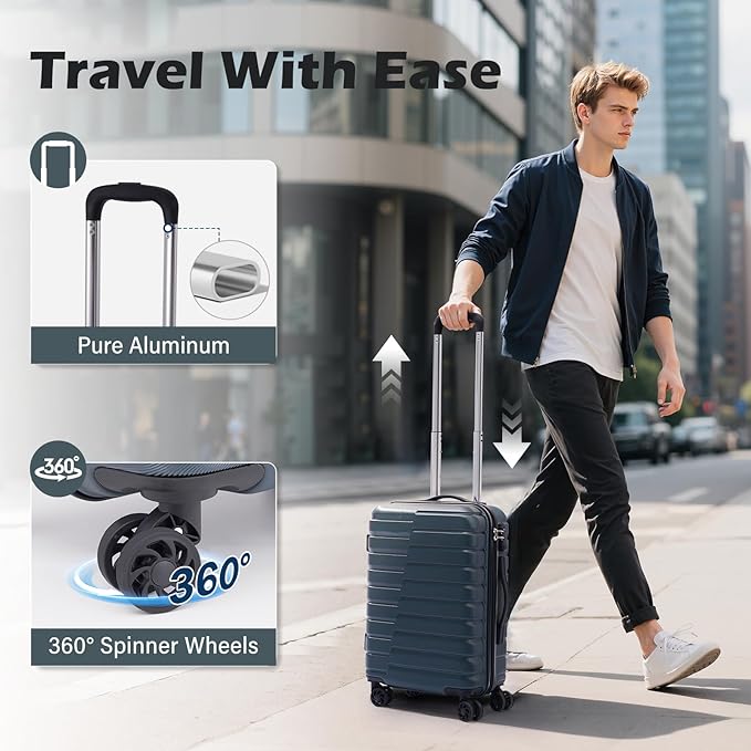 Coolife Carry On Luggage Airline Approved with Wheels Hard Shell Suitcase Spinner TSA Lock Telescopic Handle 20-inch,Gray