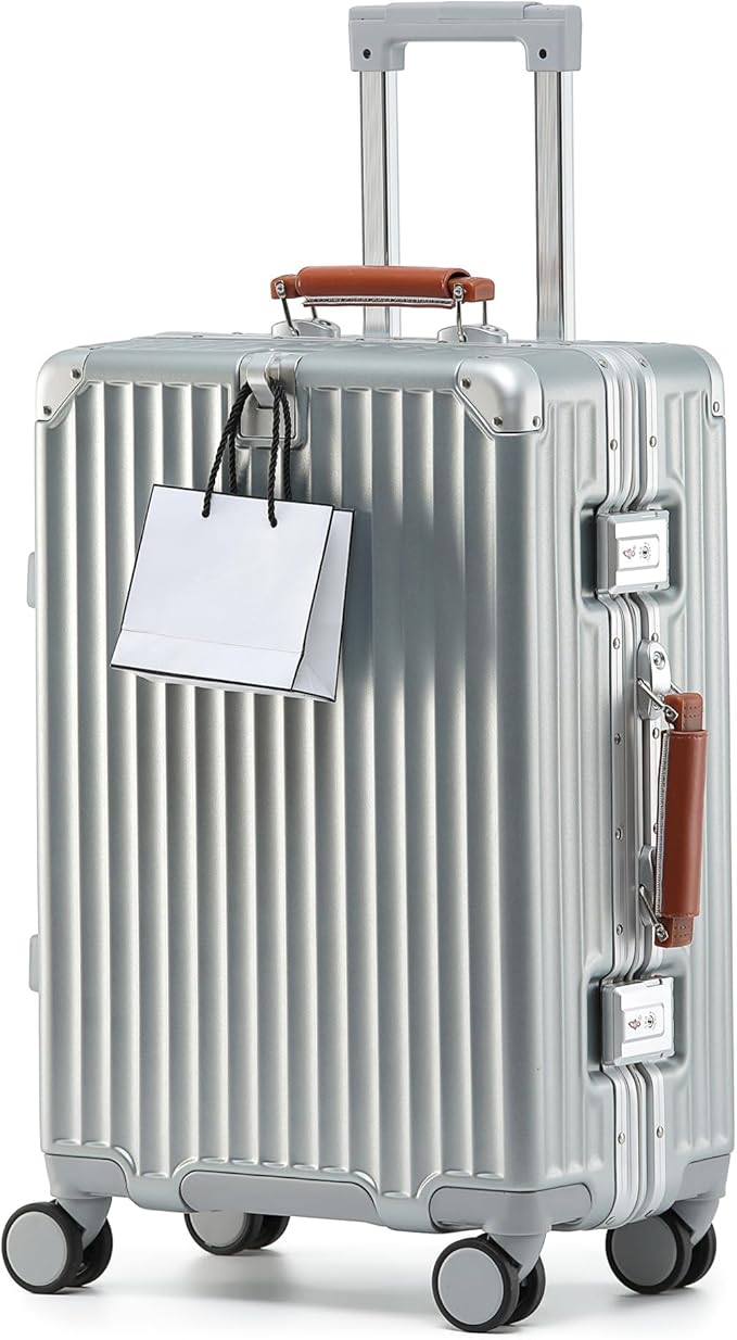 HotWay 24 Inch Hardside Checked Luggage with Leather Handle, PC Zipperless Suitcase with Spinner Wheels and TSA Locks, Lightweight Checked Luggage for Travel, Silver