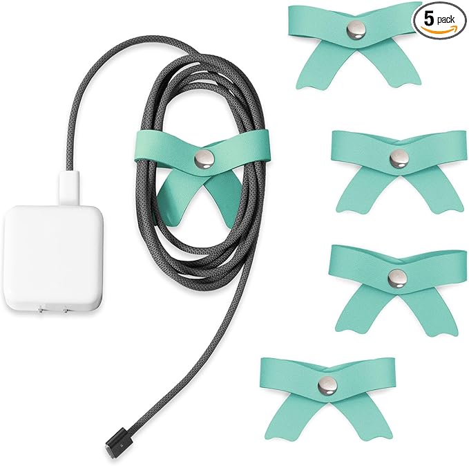 SenseAGE 5 Pack Cord Organizer, Bow Cord Keeper, Cable Organizer USB Holder, Leather Cable Management, Cable Straps, Earphone Winder, Storage Straps for Electronics, Earbuds, Big, Mint