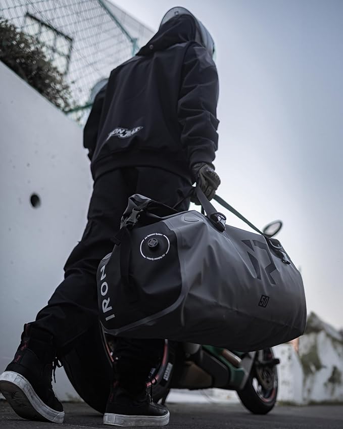 IRON JIA'S Motorcycle Dry Bag - Waterproof Duffle & Luggage Tail Bag Saddle Bags with Roll Top Closure, Shoulder Straps, Inner Pocket and Mesh Pocket (Grey, 70L)