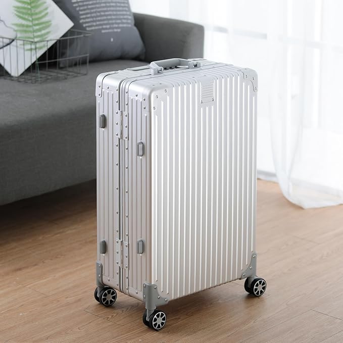 Metal All Aluminum Carry-on Luggage TSA Customs Lock Zipperless Silent Rotary Wheel Business Suitcase Aluminum Frame Set (silvery, 20 '')