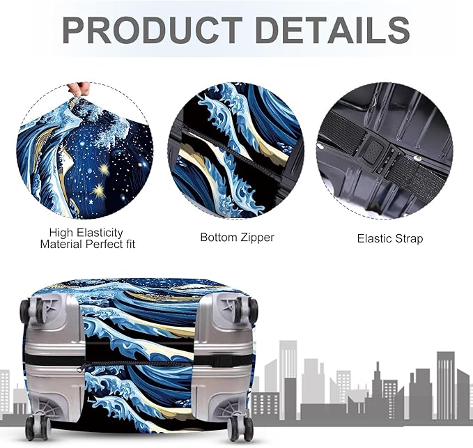 ANNA QUEEN Starry Ocean Wave Luggage Cover, Suitcase Protector with Artistic Van Gogh Style, Stretchable, Washable Travel Cover for 28-30 Inch Luggage