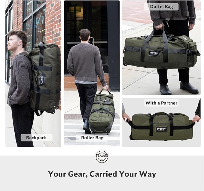 STOVER 100L Rolling Duffel Bag with Wheels, X-Large 35 Inch Durable Travel Duffle + Toiletry Bag, Heavy Duty, Packable w/Shoulder Straps- Use as Luggage or Backpack, Men/Women (Green)