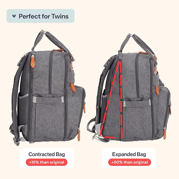 BabbleRoo Extra Large Diaper Bag Backpack, Expandable Baby Bag with Up to 50% More Capacity - Travel Essentials Baby Bag Tote with Changing Pad, Stroller Straps & Pacifier Case - Unisex, Dark Gray
