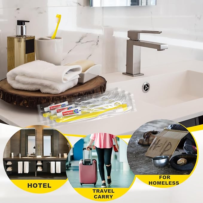 30pcs Disposable Toothbrushes with Toothpaste and Floss,Yellow Bulk Single Use Toothbrush Floss Pick Individually Wrapped Disposable Travel Toothbrushes Kit for Homeless,Airbnb,Hotel,Guest