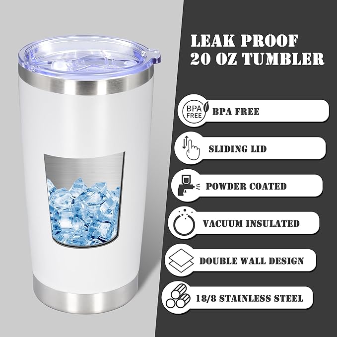 20 oz Tumbler with lid Double Wall Vacuum Insulated Tumblers Stainless Steel Coffee Mug Travel Coffee Tumbler Powder Coated Tumbler Cup Keep Hot&Cold - (White 6 Pack)