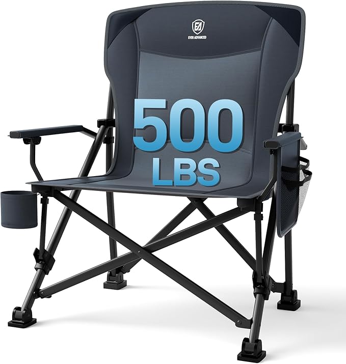 EVER ADVANCED Oversized Folding Camping Chair, for Adults Heavy Duty Lawn Chair with Side Pockets, Portable Collapsible Quad Chair for Outside, Support Up to 500lbs, Grey