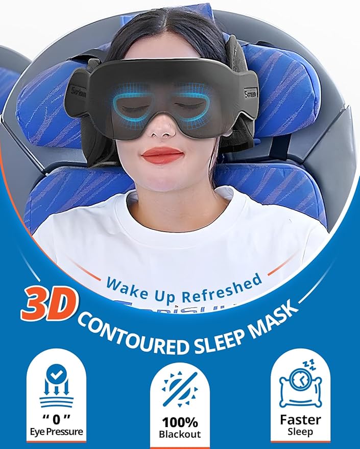 Travel Pillow Combo with Chin Strap, Airplane Pillows with 3D Eye Mask for Sleeping, 360° Support Plane Head Strap for All Plane Seats, Long Flights Essentials, Stop Bobblehead, Red