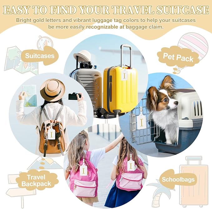 Personalized Initial Luggage Tags for Suitcase TSA Approved, White Leather Cute Luggage Tag with Privacy Cover Name Card, Embroidered Custom Luggage Tags Travel Baggage Tags Gifts for Women Kids(I)