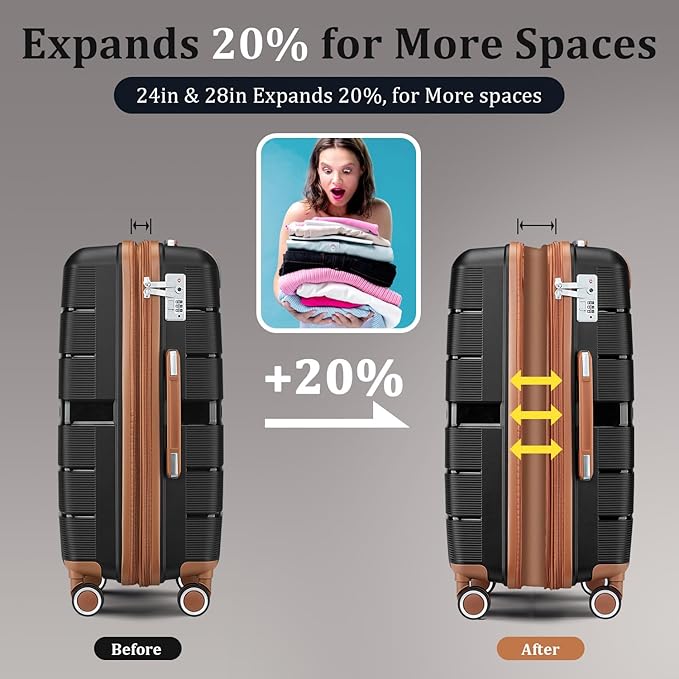 Campfun Luggage 4 Piece Sets, Expandable Carry On Luggage Set Hardshell PP, Suitcase Set with Double Spinner Wheels, Checked Durable Lightweight with TSA Lock, 14in 20in 24in 28in-Black Brown(A)