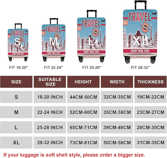 WUJIAONIAO Travel Luggage Cover Baggage Suitcase Cover Protector Skins 18-32 Inch (Tourist Attraction A28, XL (for 29-32 inch luggage))