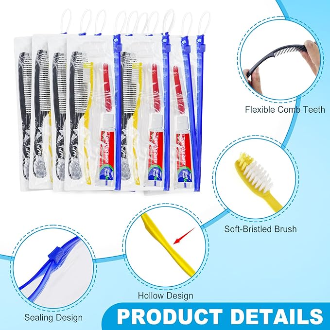 Personal Hygiene Kit Bulk Pack of 5,Yellow Disposable Toothbrushes with Toothpaste Floss Comb Cover and Hotel Vanity Set Basic Travel Toiletry Kit Supplies for Homeless,Charity,Guests