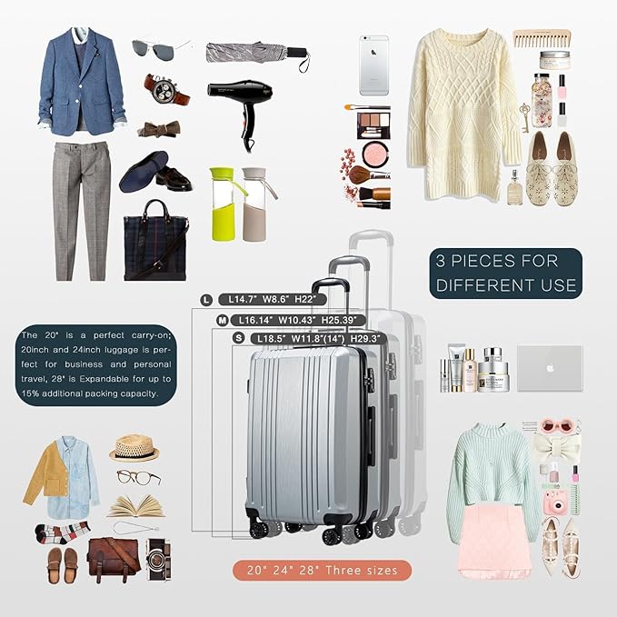 Coolife Luggage Suitcase PC+ABS with TSA Lock Spinner Carry on Hardshell Lightweight 20in 24in 28in (grey, M(24IN))