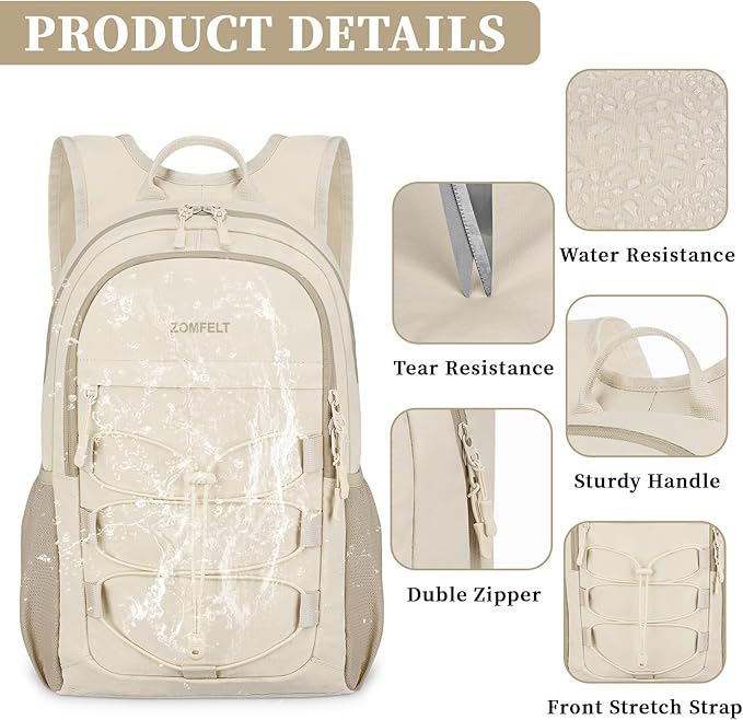 ZOMFELT Hiking Backpack for Women Men, 15L Lightweight Packable Backpack for Trip, Water Resistant Small Travel Backpacks, Foldable daypack for Hiking, Walking, Cycling, Camping, Beige