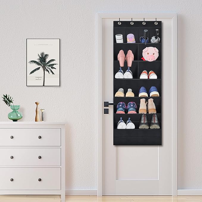 Over The Door Shoe Organizer, 2 Pack Hanging Organizer with Large Deep Pockets, Rack for Closet and Dorm Narrow Door, Holder Black