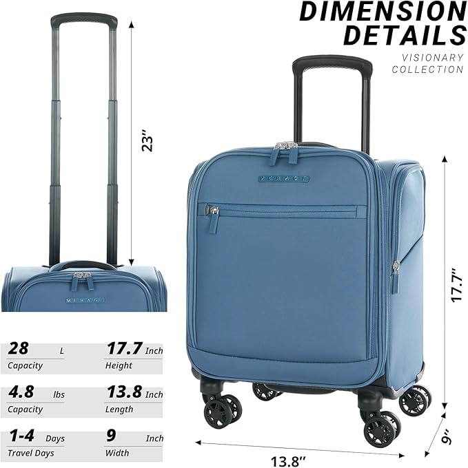Verage Under Seat Luggage with Wheels, Softside Small Suitcase Spinner Carry On Luggage Bags for Airlines Airplanes Short Trip Men Women (Coast Blue, 14.5-Inch Plus Underseat)