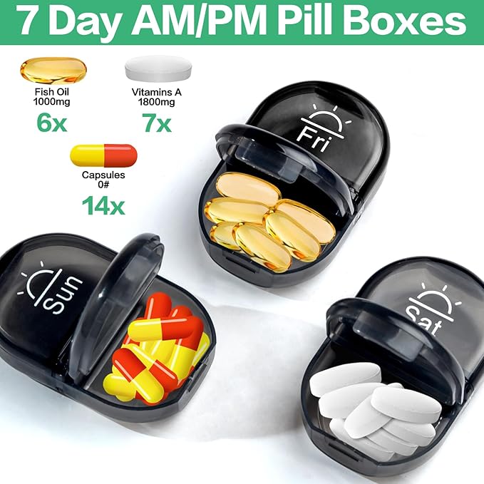 Serfeymi Weekly Travel Pill Organizer 2 Times A Day AM PM Upgraded Black Pill Box 7 Day with Portable Zipper Canvas Pill Case, Medicine Organizer for Pills, Vitamins, Supplements, Fish Oils - Blue 01
