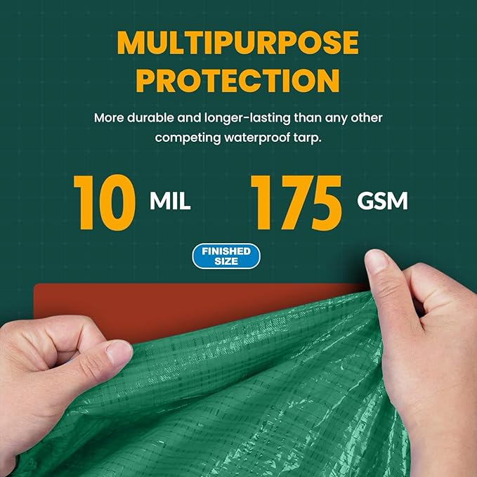 Large Waterproof Tarp - Heavy Duty 10 Mil Thick Poly Tarpaulin Ideal for Canopy Tents, Boats, RV or Pool Covers - Multipurpose Protective Tarps with Grommets for Indoor and Outdoor Use | 12' x 25'