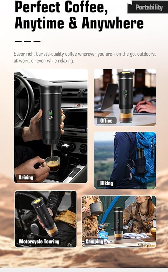 Portable Electric Coffee Maker, Digital Display, Compatible with Coffee Pods,Rechargeable Coffee Machine for Travel, Camping, RV,Home,Office (black)