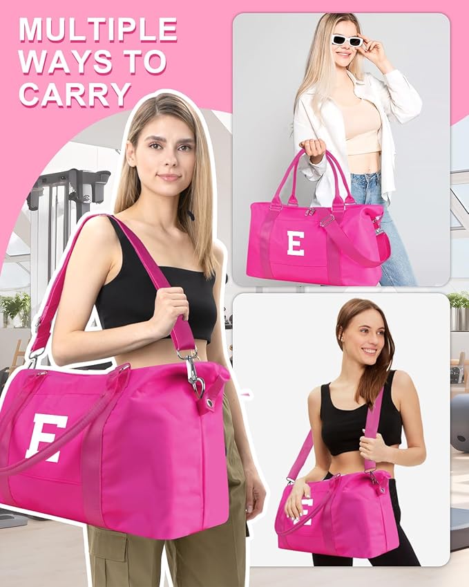 Overnight Bag for Kids Teen Girls Weekender Dance Bag Birthday Graduation Gifts,Initial Travel Duffel Bag Sports Gym Bag Personalized Weekender Bag Carry On Bags Preppy Gifts for Women(Hot Pink, E)