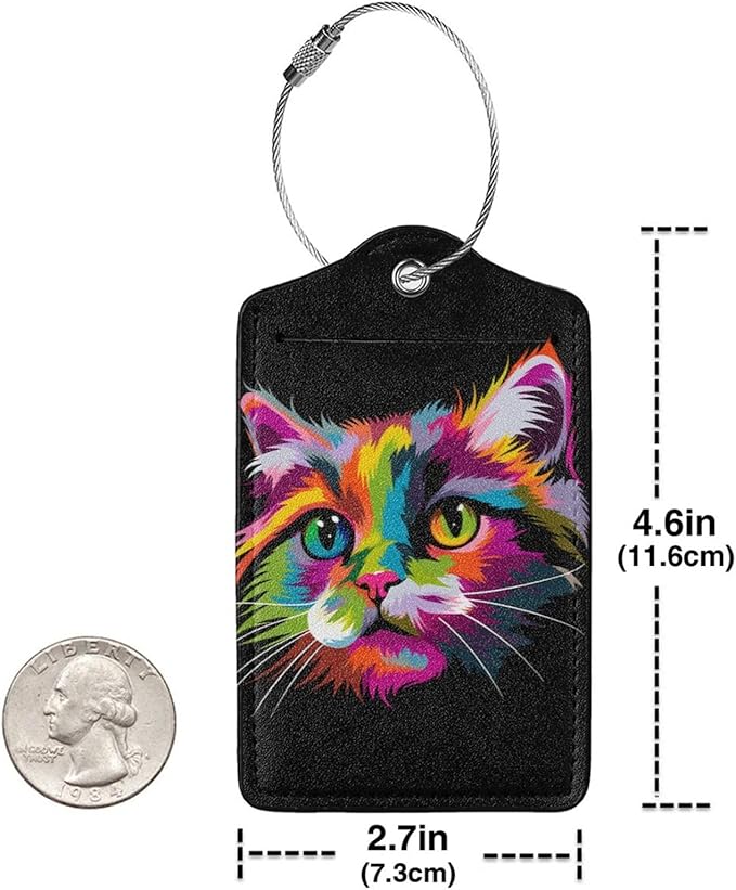 Cat Leather Luggage Tag with Stainless Steel Ring, Fun Name Id Card Cover Travel Bag Tag Set, Suitable for Travel Bag Luggage Women Men 2 PCS