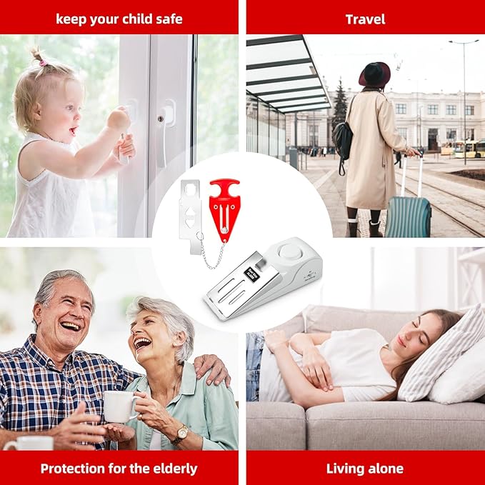 Portable Door Stop Alarm and Traveling Hotel Door Lock, No Installation Required, Provides Double Security for Home, Hotel and Traveling (1 Door Lock + 1 Door Stop)