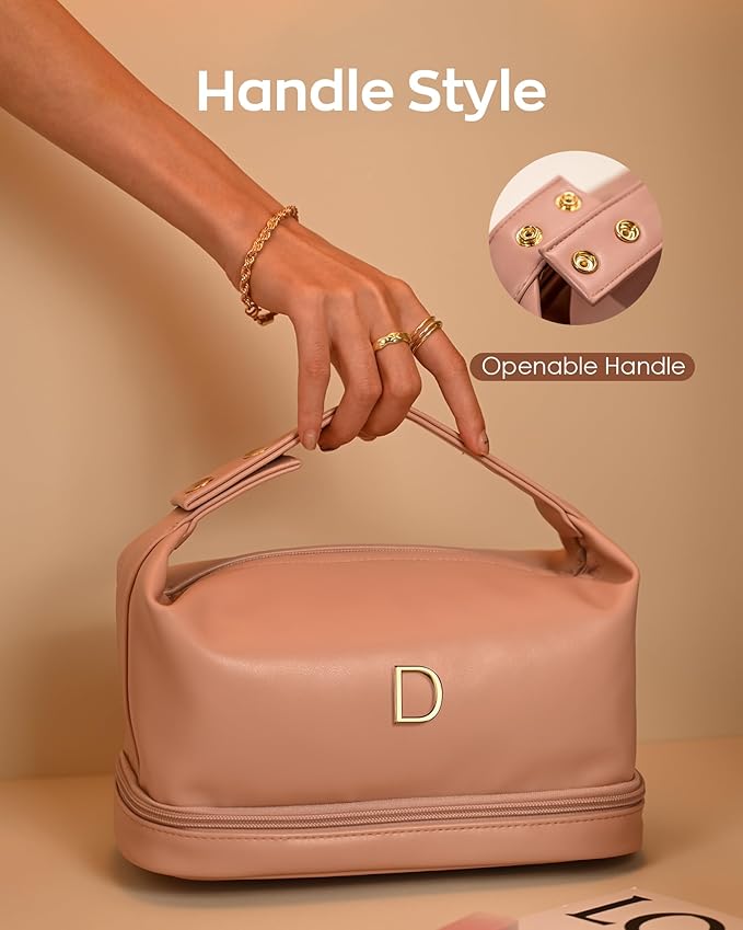Birthday Gifts for Her-Personalized Teen Girl Gifts, Personalized Makeup Bag with Handle, Cosmetic Bag with Makeup Brush Organizer, PU Leather Travel Toiletry Bag, Gifts for Friends Female