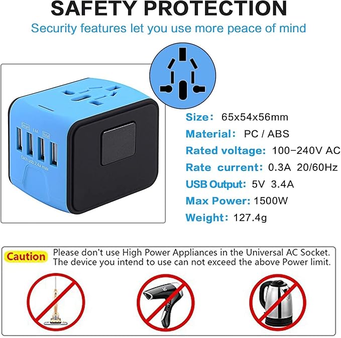 International Travel Adapter Universal Power Adapter Worldwide All in One 4 USB-A Ports Perfect for European US, EU, UK, AU 200+ Countries (Blue)
