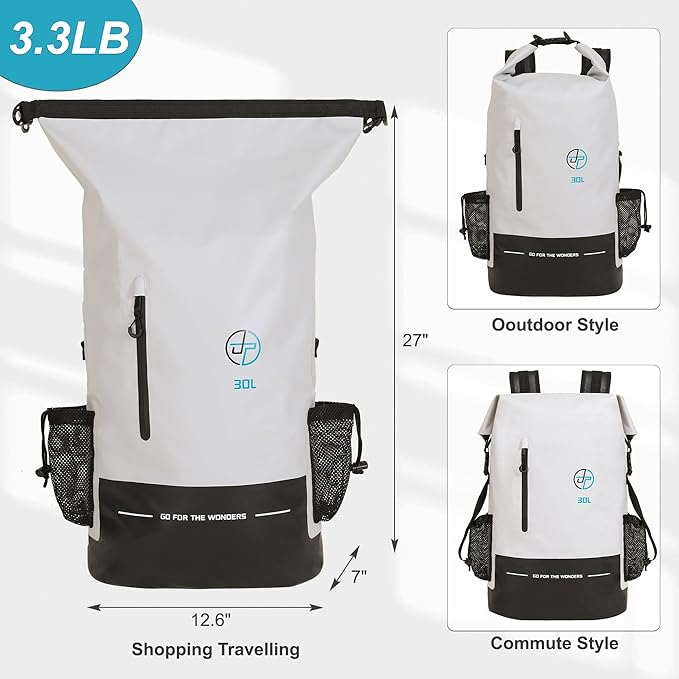 UPWELL Waterproof Dry Bag 30L Boating Backpack for Travel Hiking Camping Bags for Kayaking Hiking Waterproof Bags Swimming Floating Submersible Dry Bag Grey&White
